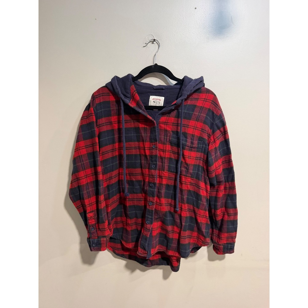 American Eagle Red Plaid Hooded Flannel Shirt Mens Medium Navy Blue Hood M